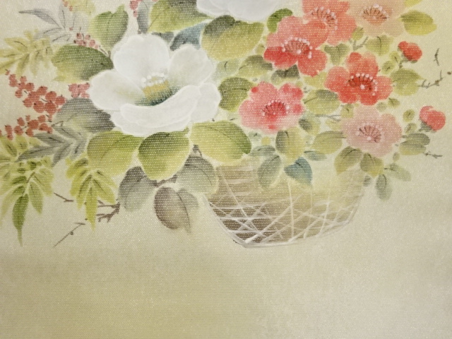  作家物　金彩手描き花籠模様名古屋帯